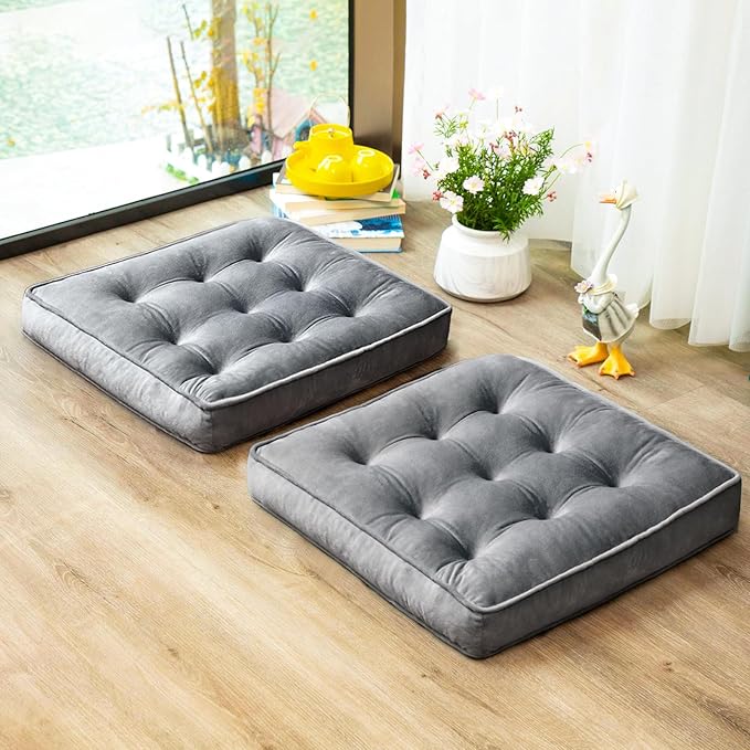 Floor Pillow Set of 2, Memory Foam Meditation Cushion, Floor Cushions for Adults Sitting, Large Square Seat Cushions for Yoga, Living Room, 22x22 Inch (Grey)