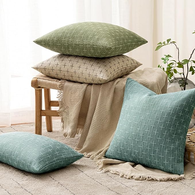 MIULEE Pack of 2 Decorative Burlap Linen Spring Throw Pillow Covers Modern Farmhouse Vintage Pillowcase Rustic Woven Textured Cushion Cover for Sofa Couch Bed 24x24 Inch Azure