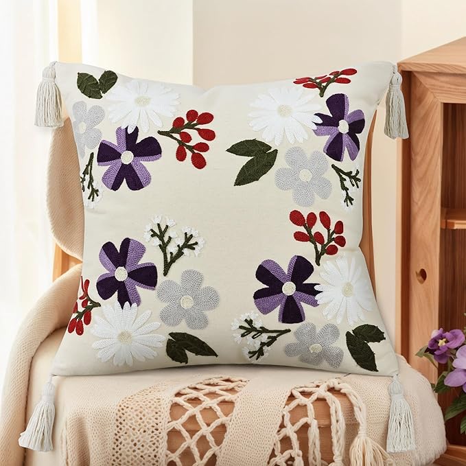 Floral Embroidered Pillow Covers 18x18 Inch Set of 1, White Daisy Decorative Throw Pillow Covers with Tassels, Spring Farmhouse Purple Flowers Cushion case for Couch Sofa Bed Living Room