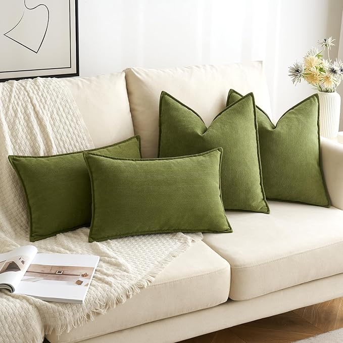 MIULEE Pack of 2 Moss Green Decorative Pillow Covers 22x22 Inch Soft Chenille Luxurious Couch Throw Pillows Farmhouse Cushion Covers Euro Shams Elegant Design for Sofa Bed Living Room Spring Decor