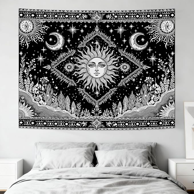 Accnicc Black and White Sun and Moon Tapestry Hippie Boho Celestial Wall Tapestry for Bedroom Aesthetic Vintage Plant Spiritual Small Tapestries Wall Hanging for Dorm Living Room Decor 60 x 44 Inch
