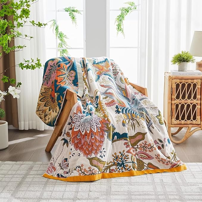 Boho Throw Blanket Farmhouse Decor Throw Blanket Bohemian Blanket for Bed 100% Cotton Muslin Woven Couch Blanket All Seasons Quilt Bedroom (Beige, 90"x98")