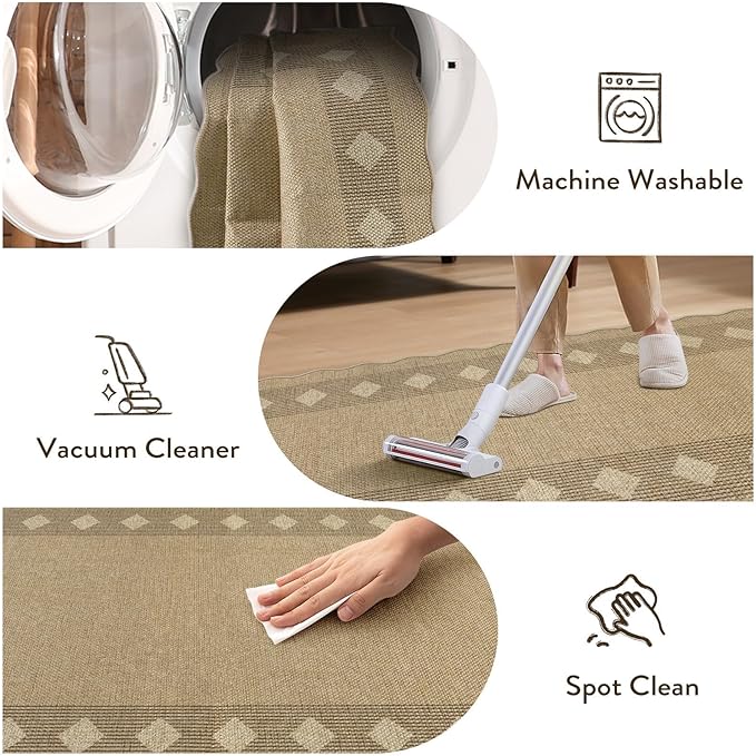 LIVEBOX Scalloped Easy Jute Diamond Rug for Kitchen, Washable 2x6 Runner Tan Rugs for Entryway, Geometric Checkered Indoor Outdoor Farmhouse Non Slip Rug Modern Carpet Door Mat for Porch Hallway