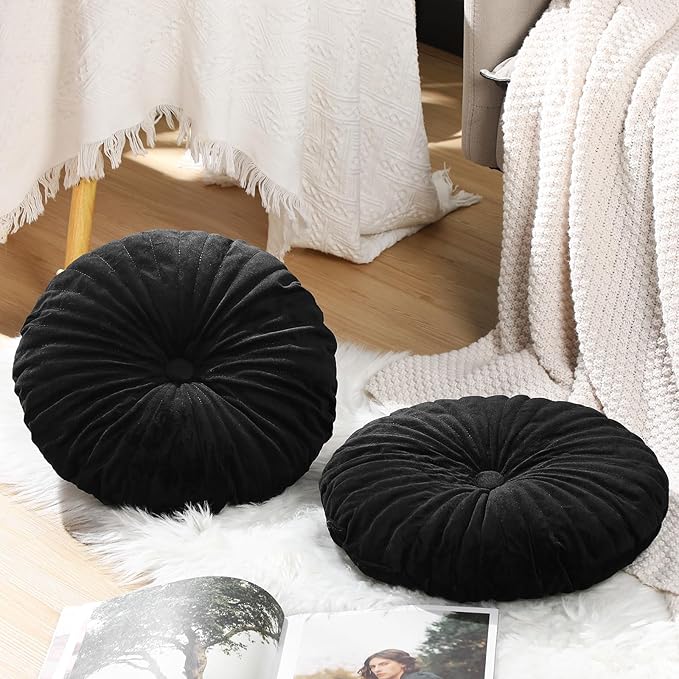 Namalu 2 Pcs Round Throw Pillow 13.8 Inch Decorative Round Velvet Floor Pillows Pumpkin Throw Pillows with Center Button for Thanksgiving Home Decor Living Room Sofa Couch Bed Chair (Black)