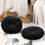 Namalu 2 Pcs Round Throw Pillow 13.8 Inch Decorative Round Velvet Floor Pillows Pumpkin Throw Pillows with Center Button for Thanksgiving Home Decor Living Room Sofa Couch Bed Chair (Black)
