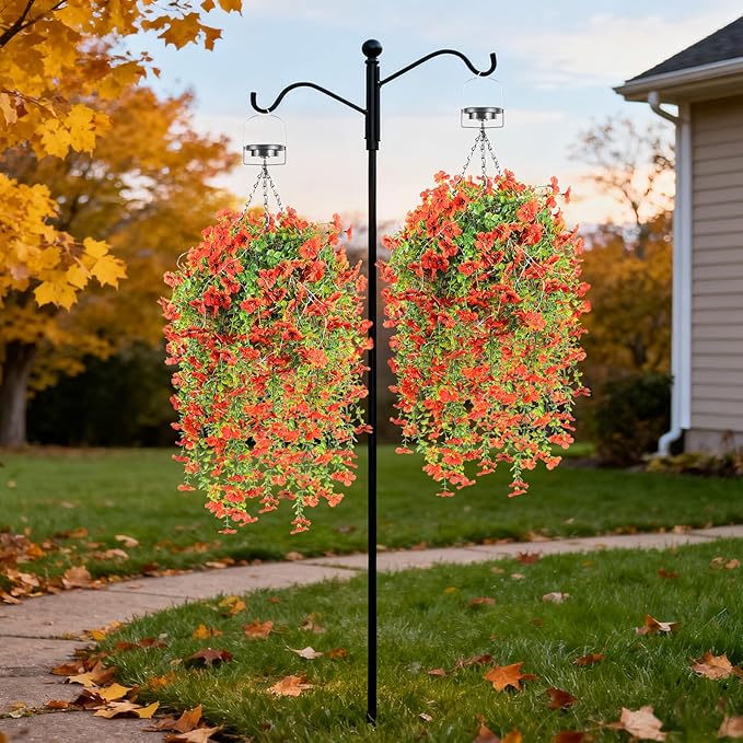 Outdoor Hanging Basket with Artificial Flowers: Fake Plants Basket with Solar String Lights for Garden Enthusiasts - 10 Inches Solar Faux Silk Flower Baskets for Home Porch Wall Patio Tree Decor