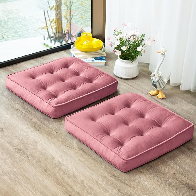 Floor Pillow Set of 2, Memory Foam Meditation Cushion, Floor Cushions for Adults Sitting, Large Square Seat Cushions for Yoga, Living Room, 22x22 Inch (Pink)