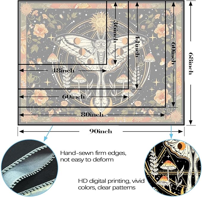 Aipon Orange Moth Tapestry Boho Retro Floral Flowers Tapestries Aesthetic Vintage Mushroom Tapestries for Bedroom Indie Sun Moon Tapestry Wall Hanging for Living Room Dorm (48'' × 36'')