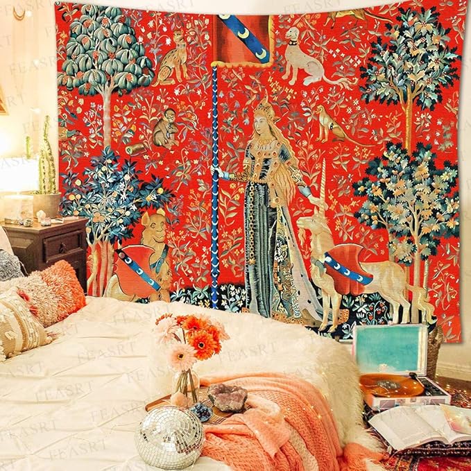 FEASRT European Royal Tapestry - Medieval Lady and Unicorn Wall Hanging - 80x60 Inches - Living Room & Dorm Decor
