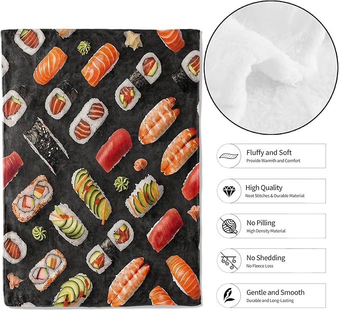 Sushi Throw Blanket - 40x50in,Ultra Soft, Cozy Lightweight Flannel,Realistic Roll & Nigiri Blankets - Gifts for Kids Girls & Japanese Cuisine Lovers,for Couch Home Living Room Culinary Decor