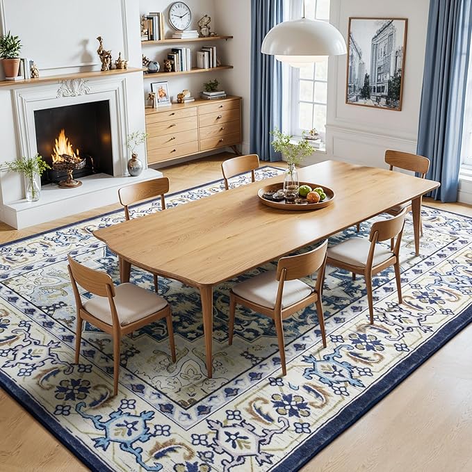 Lessymo 8 x 10 Area Rugs for Living Room, Machine Washable Area Rugs Boho Faux Wool Low Pile Area Rug for Bedroom, Floral Medallion Vintage Rugs with Non-Slip Rubber, Kid & Pet Friendly,Dark Blue