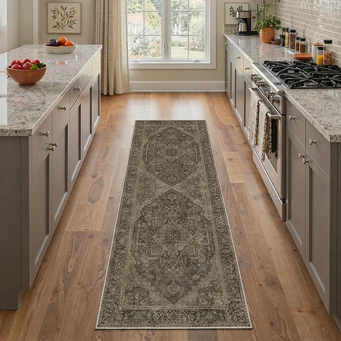 GENIMO Runner Rug 2x6 Non Slip Machine Washable Vintage Hallway Runner Rug, Low Pile Lightweight Rugs for Entryway, Hallway, Kitchen and Corridor, Vintage Chocolate