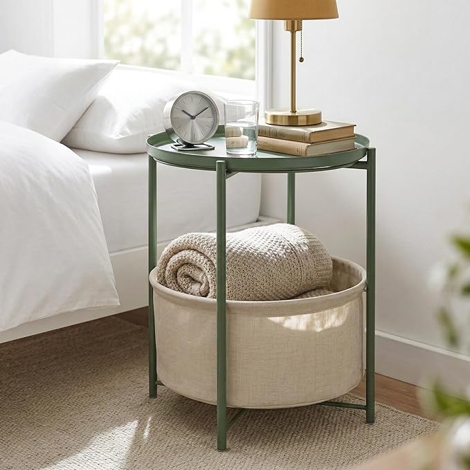 danpinera Round Side Table with Fabric Storage Basket, Metal Side Table Small Bedside Nightstand with Removable Tray for Living Room, Bedroom, Nursery, Dark Green