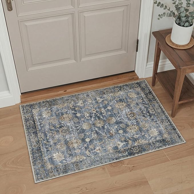 GENIMO Runner Rug 2x6 Non Slip Machine Washable Vintage Hallway Runner Rug, Low Pile Lightweight Rugs for Entryway, Hallway, Kitchen and Corridor, Distressed Blue Taupe