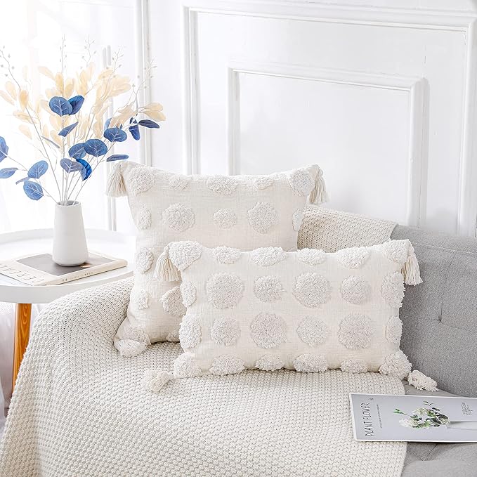 PANOD Super Soft Farmhouse Decorative Plush Throw Pillow Covers 22 x 22 White,Solid Pom pom Tufted with Tassels Modern Accent Boho Square Cushion Cover Pillow Case for Couch Sofa