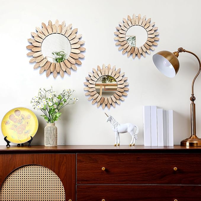 3 Pack Gold Sunburst Mirrors for Wall Decor Circle Flowers Mirrors Decorative Gold Hanging Wall Art Flowers Mirror for Home Living Dinning Room Bedroom Bathroom Boho Decoration Art (Flower)