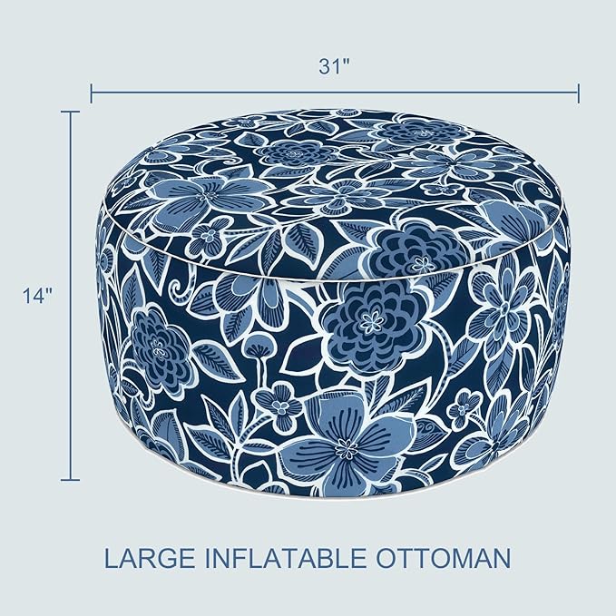 LVTXIII Indoor/Outdoor Extra Large Inflatable Ottoman Pouf D31 x H14 Inch, Round Footstool with Handle, Weather-Resistant Portable Furniture for Patio, Camping, Beach, Flower Navy