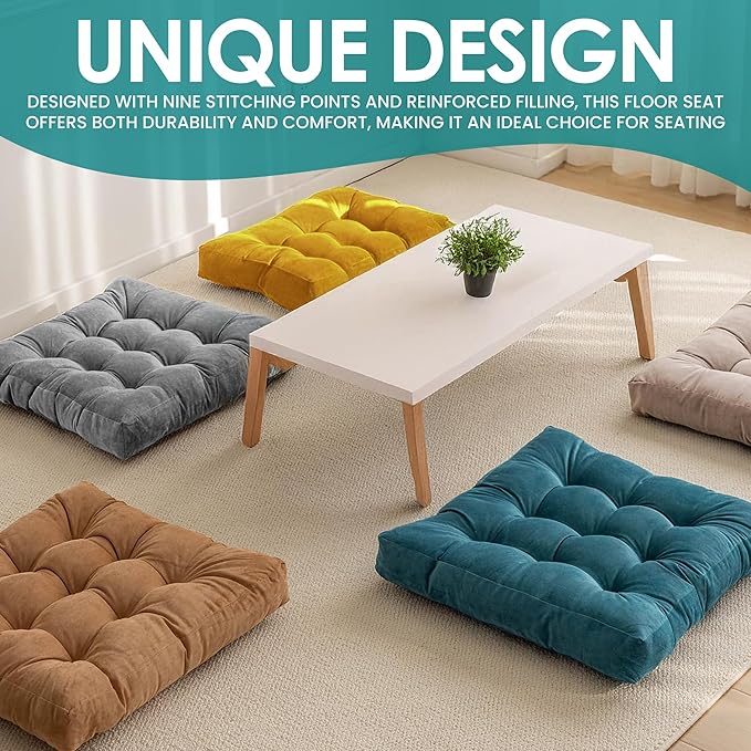 NEST & LOOM Floor Cushions - Floor Chair Pillow, Meditation Cushion, Square Large Floor Pillow, Solid Thick Tufted Floor Pillow - Grey - 21.65" x 21.65"