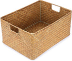 Hipiwe Seagrass Storage Baskets Bin for Shelf,X-Large Handwoven Wicker Baskets Built-in Handles Rectangular Closet Bedroom Organizer Box Multipurpose Pantry Basket,Caramel Color