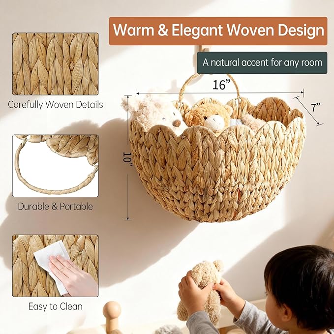 Wicker Hanging Basket,Scalloped Wall Basket for Organizing & Decor,Woven Water Hyacinth Hanging Wall Baskets for Flower,Mail,Stuffed Animals,Hanging Storage Baskets for Wall,Door,Nursery