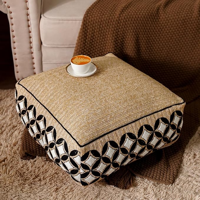 SUTAVIA Pouf Cover Ottoman Unstuffed Pouf Seat Footrest Decorative Storage Bean Bag Floor Chair for Home Decor Living Room Bedroom (White Decor, Square, 20" D x 20" W x 8" H)