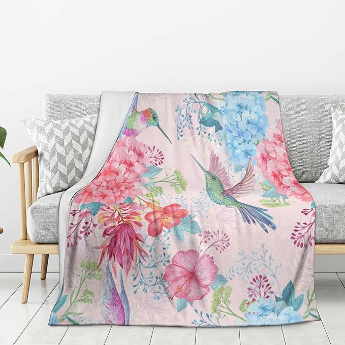 Hummingbird Floral Throw Blanket, Bird Colorful Flowers Blanket Gifts for Women Girls Mom Kids Birthday Mother's Day, Cozy Soft Warm Plush Decor Blankets for Bed Sofa Chair Couch (80"x60")