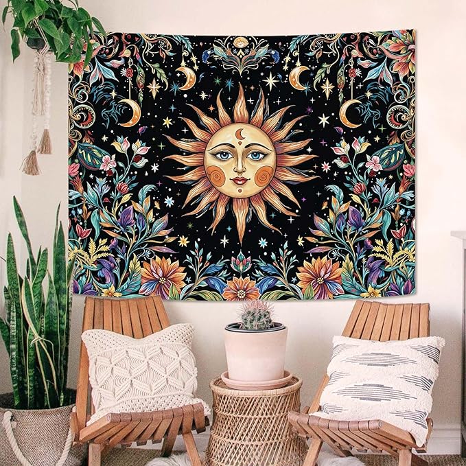 Aipon Sun and Moon Tapestry Hippie Boho Floral Wall Tapestry for Bedroom Aesthetic Colorful Flowers Vintage Celestial Botanical Plant Small Tapestries Wall Hanging for Living Room Dorm 60 x 44 Inch