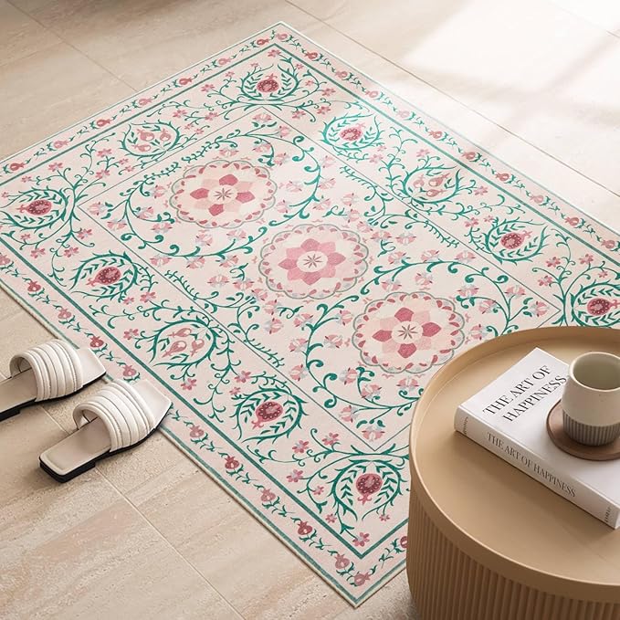 Pink Door Mat Floral Entryway Rug, Washable Samll 2x3 Rugs, Boho Front Door Mat, Non Slip Low Pile Throw Carpet for Indoor Entrance,Bathroom,Girls Room and Kitchen(Pink/Green 2x3ft)