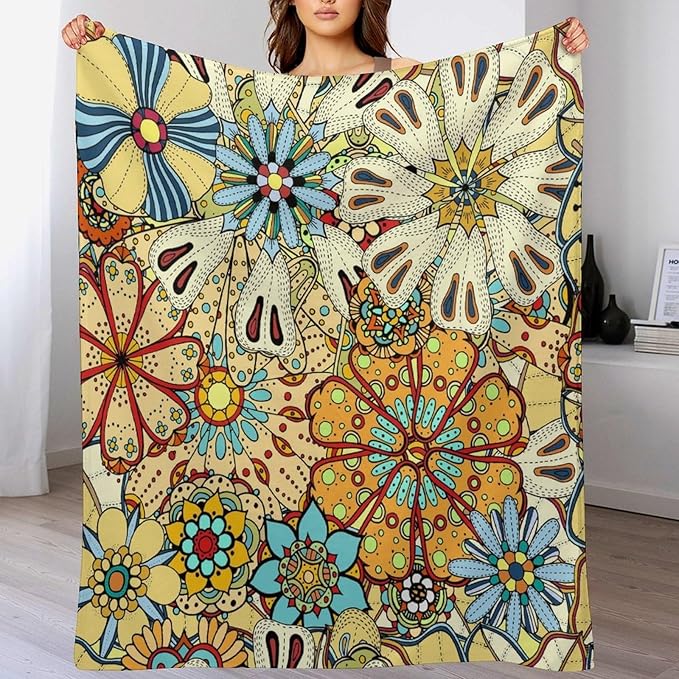 Boho Floral Throw Blanket Vintage Colorful Flowers Bohemian Print Mandala Blanket for Sofa Bed Couch Chair Or Dorm 40"x50"
