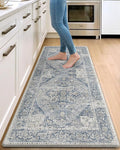 DEXI Kitchen Floor Mats Anti Fatigue, 23x59 Large Cushioned Vintage Runner Rug Waterproof, Standing Comfort Memory Foam Padded for Front Sink Laundry Office, Light Grey and Blue