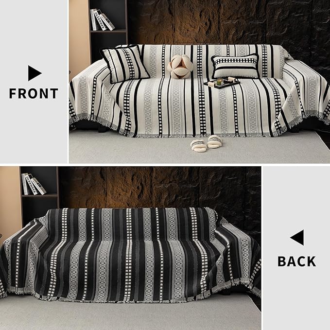 Striped Couch Cover Blankets, Boho Couch Covers, Sofa Blanket Cover for Dogs, Medium Couch Covers for Recliner and Chair, Chenille Sofa Covers Washable Sectional(1pc/Black/59×71")