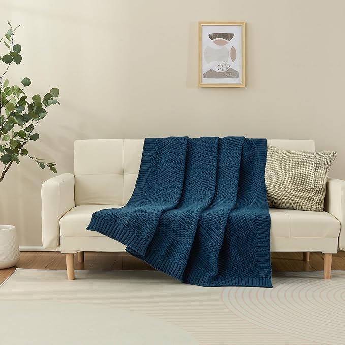 Knitted Throw Blanket 60"X80", Navy Blue Knit Throws for Bed, Super Soft Boho Chevron Blankets for Couch Sofa Chair Room Decor, Textured Decorative Farmhouse Cozy Lightweight