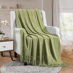 Vonty Olive Green Knitted Blanket with Tassels Fringe 50" x 60", Super Soft Knit Throw Blanket, Farmhouse Decorative Lightweight Blanket for Couch, Sofa, Bed