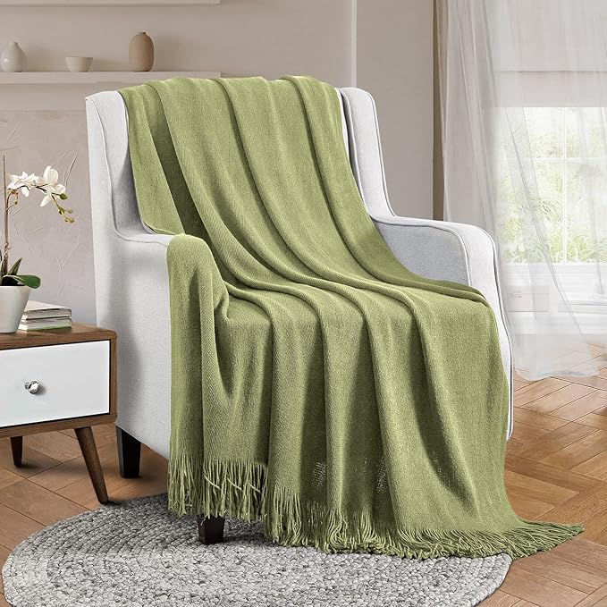 Vonty Olive Green Knitted Blanket with Tassels Fringe 50" x 60", Super Soft Knit Throw Blanket, Farmhouse Decorative Lightweight Blanket for Couch, Sofa, Bed