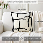 Boho Decorative Throw Pillows with Inserts, 18" x 18" Soft Tufted Modern Chenille Pillow, Pillows for Home, Patio, Couch, Bedroom, Living Room (Black Lines - Cream White Background)