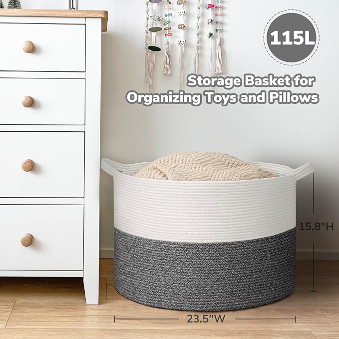 Goodpick 115L Extra Large Blanket Basket, Soft Cotton Rope Storage Basket for Organizing, Home Decor, Toys, Toy Storage Organizer for Living Room & Nursery, Grey