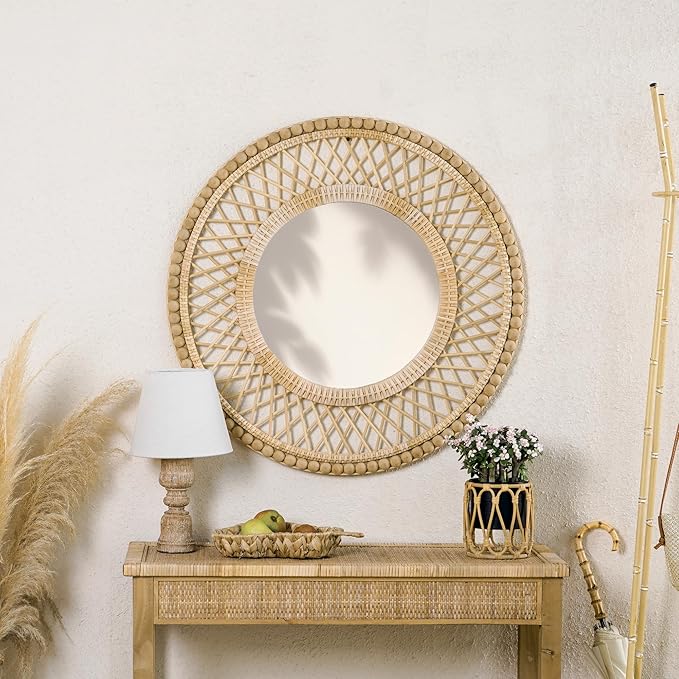 Round Beaded Rattan Wall Mirror – 28x28 Inch Boho Elegance with Woven Frame and Wooden Bead Trim, Decorative Mirror for Bathroom Vanity Entryway Living Room