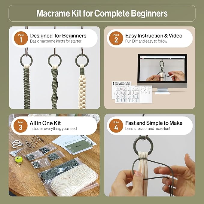 Macrame Kits for Beginners, 3 Set of Plant Hangers DIY Kit: Braided Polyester Ropes 50yds*5mm Ivory, 20yds*2mm Forest Green, 60+Pcs Supplies with Step-by-Step Easy Instructions (IVGR)