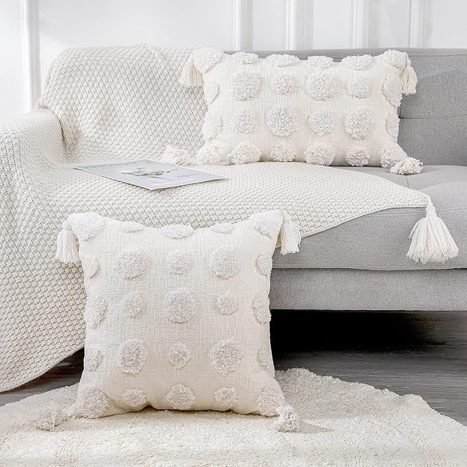 PANOD Super Soft Farmhouse Decorative Plush Throw Pillow Covers 24 x 24 White,Solid Pom pom Tufted with Tassels Modern Accent Boho Square Cushion Cover Pillow Case for Couch Sofa