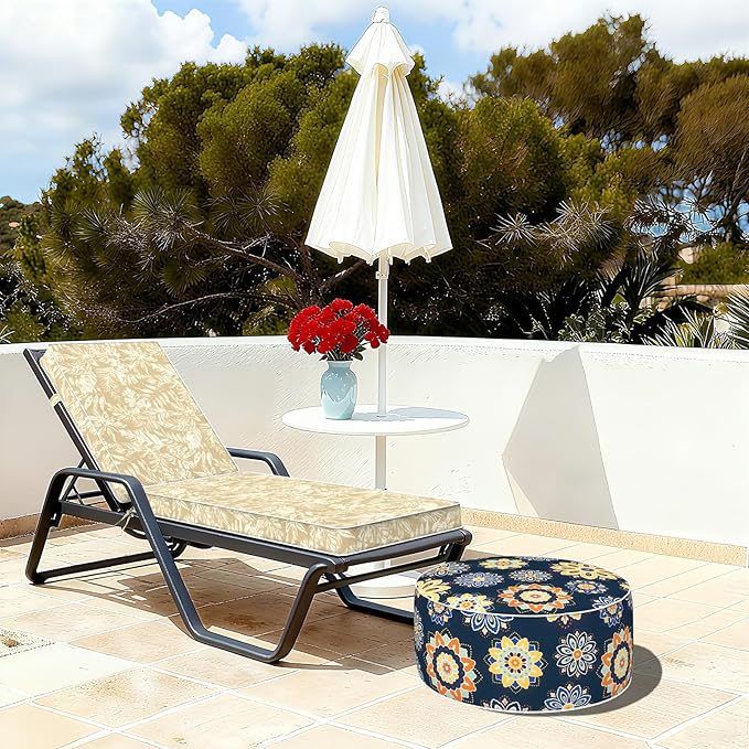 Indoor/Outdoor Inflatable Ottoman with Handle, Decorative Fade-Resistant Round Footstool D21 x H9 inch, Portable Ottoman Pouf for Patio Garden Camping, Bloom Medallion Cobalt