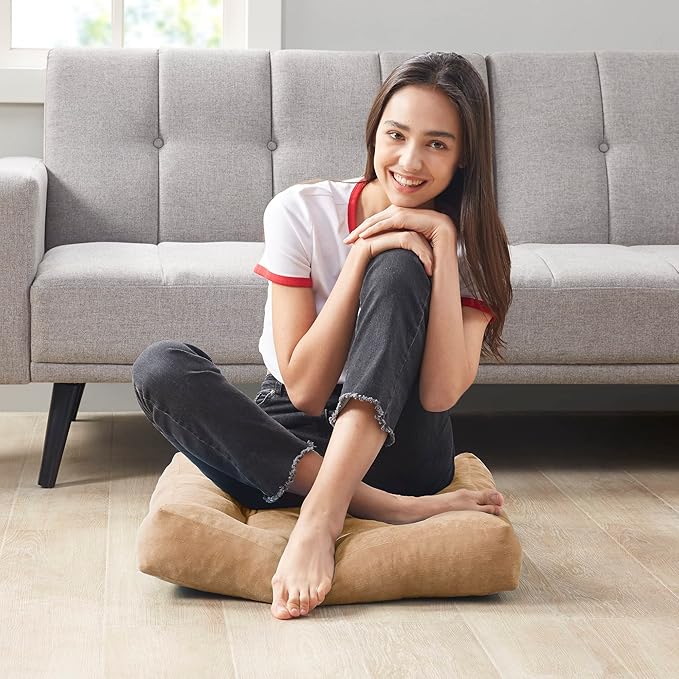 Meditation Floor Pillow Set of 2, Square Large Pillows Seating for Adults, Tufted Corduroy Cushion for Living Room Tatami, Coffee Brown 22x22 Inch