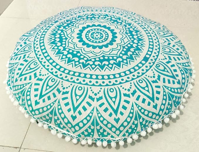 INDIAN CRAFT CASTLE 24" Green Ombre Mandala Barmeri Large Floor Pillow Cover Cushion Meditation Seating Ottoman Throw Cover Hippie Decorative Zipped Bohemian Pouf Ottoman Pom Pom Cases 24" Round