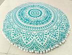 INDIAN CRAFT CASTLE 24" Green Ombre Mandala Barmeri Large Floor Pillow Cover Cushion Meditation Seating Ottoman Throw Cover Hippie Decorative Zipped Bohemian Pouf Ottoman Pom Pom Cases 24" Round