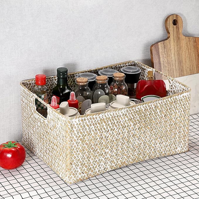 Hipiwe Seagrass Storage Basket Bin Rectangular Handwoven Wicker Storage Box with Handle Opened Baskets Box for Shelf Organizing Closet Bathroom, 15.7" L x 11.8" W x 7.5" H