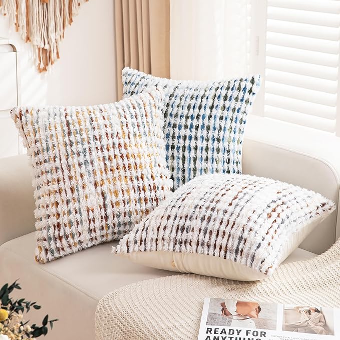 Boho Throw Pillow Covers Set of 2-18x18 Inch Orange Farmhouse Boho Throw Pillows Chenille Fluffy Accent Pillow Cases Neutral Tufted Pillowcase Cushion Covers for Couch Living Room, Bed Sofa