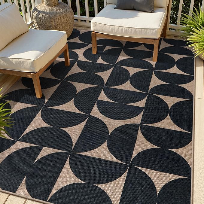 Lahome Modern Geometric Easy Jute 5x7 Rugs, Washable Carpet for Living Room Dining Room, Neutral Black Semi-Circle Rug for Outdoor Patio Office Classroom Backyard