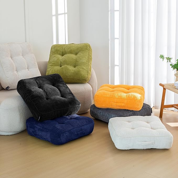 HIGOGOGO 6" Extra Thick Floor Pillow Cushion for Adults, Meditation Cushion Pillow, Large Square Floor Sitting, Tufted Corduroy Cover, for Tatami Living Room or Yoga, 22x22 Inch, 2Pack, Black
