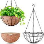 ZeeDix 2 Pack 14 Inch Metal Outdoor Plant Hanging Baskets, Round Wire Planter Basket with Coco Coir Liner, Large Hanging Flower Pots for Outdoor Garden Yard Patio Porch Balcony Decor