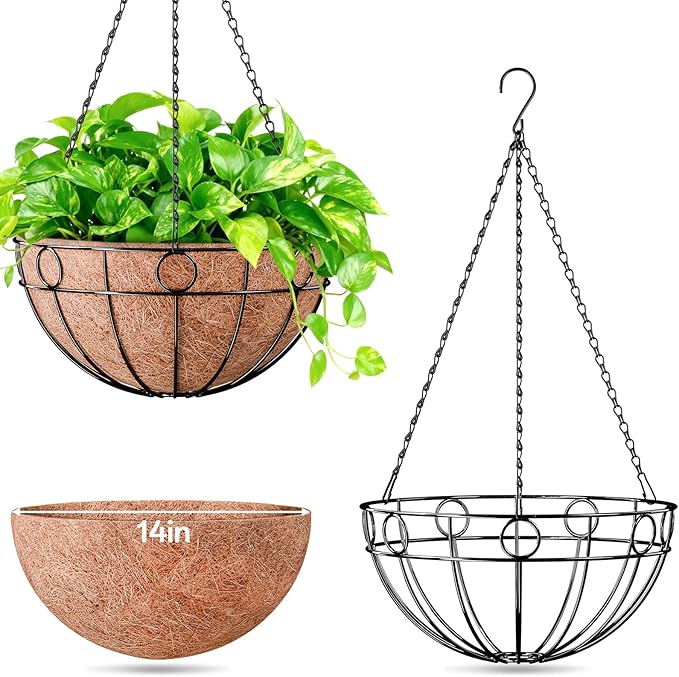 ZeeDix 2 Pack 14 Inch Metal Outdoor Plant Hanging Baskets, Round Wire Planter Basket with Coco Coir Liner, Large Hanging Flower Pots for Outdoor Garden Yard Patio Porch Balcony Decor