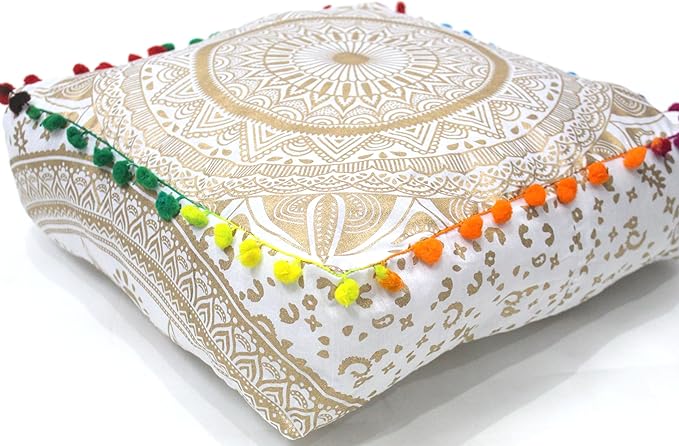 CRAFT KALA Gold Large Hippie Mandala Meditation Floor Ottoman Pillow Cushion Pouf Cover Square Poufs Bohemian Circle Floor Cushion Case Outdoor Fireplace Yoga Living Room Decor Cover 16" Square